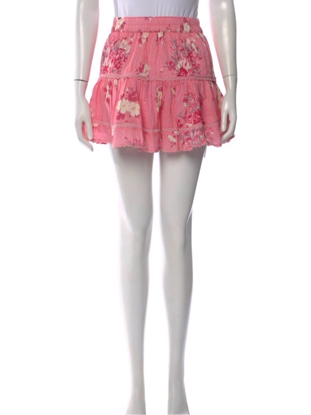 LoveShackFancy Pink Floral Tiered Mini Skirt